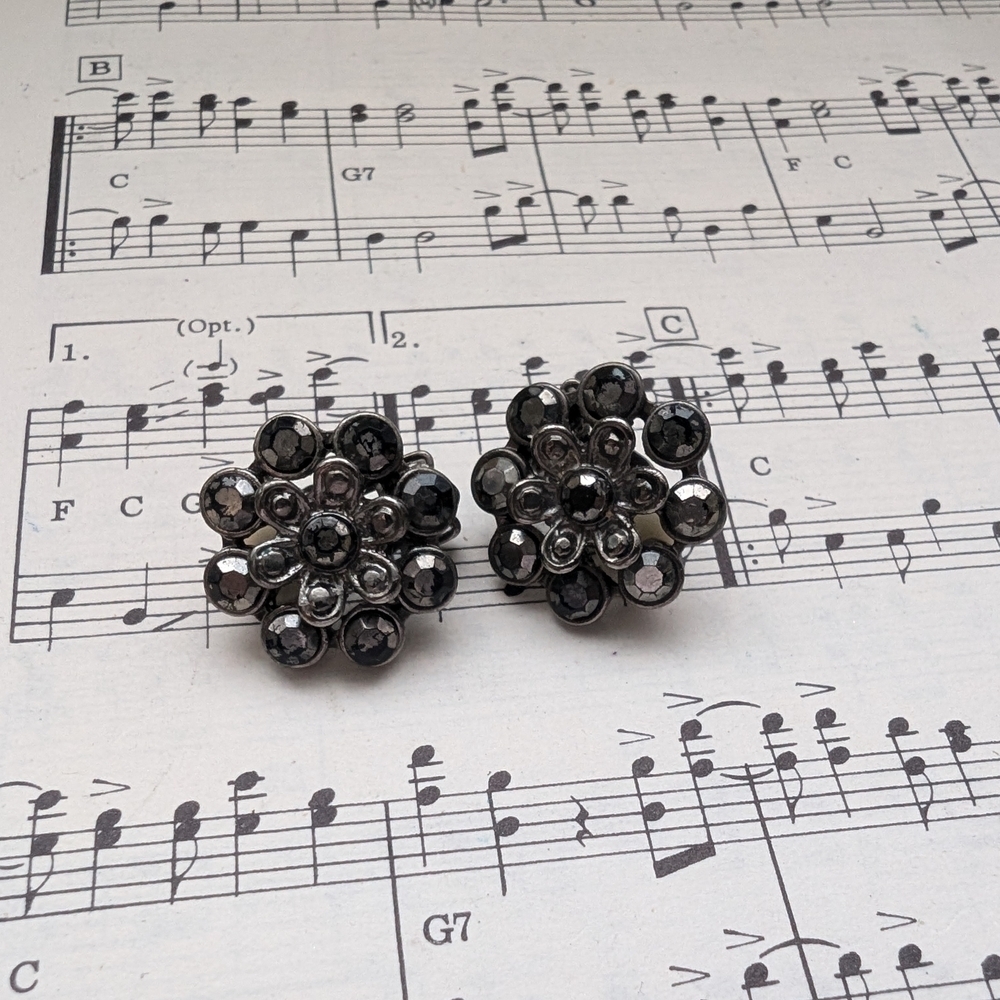 Black and Silver Cluster Earrings Clip Ons